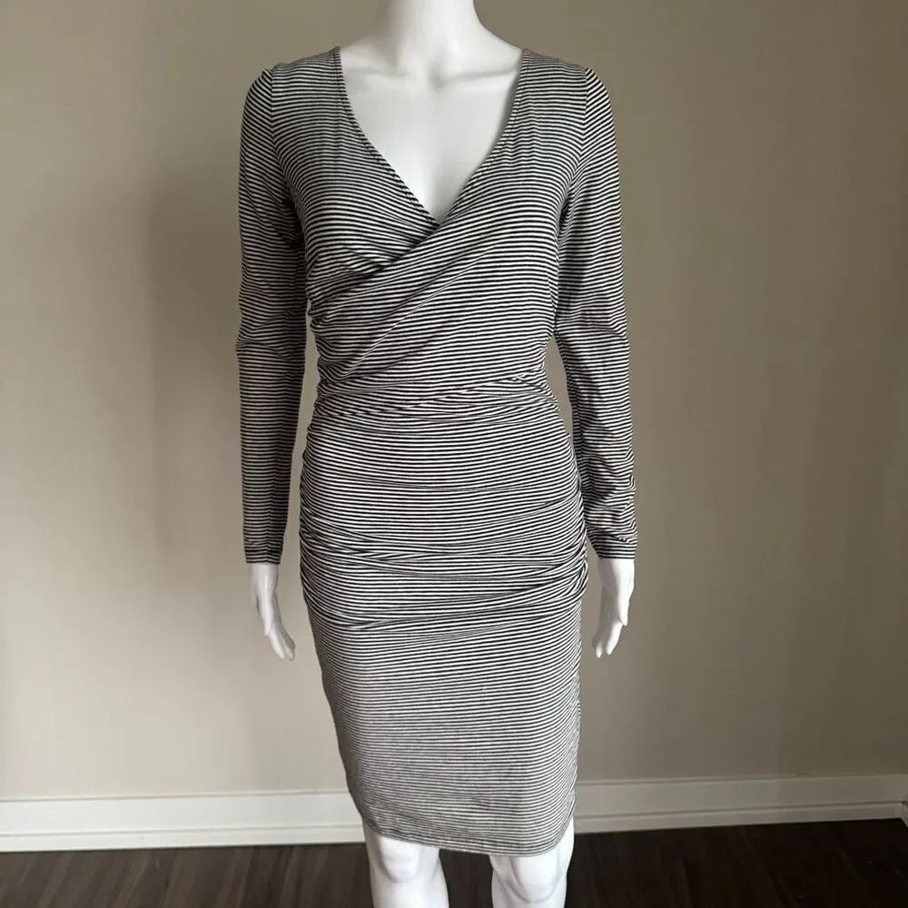 Leith Black And White Striped Bodycon Cotton Dress With Side Ruching Size S